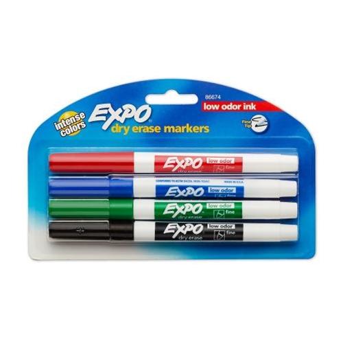 4 Pack Assorted Colors Expo Low Odor Dry Erase Pen-Style Markers
