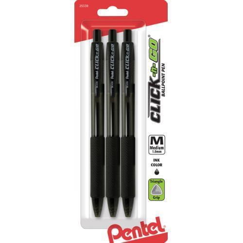 3 pack Black Pentel Click 'N Go Retractable Ballpoint Pens