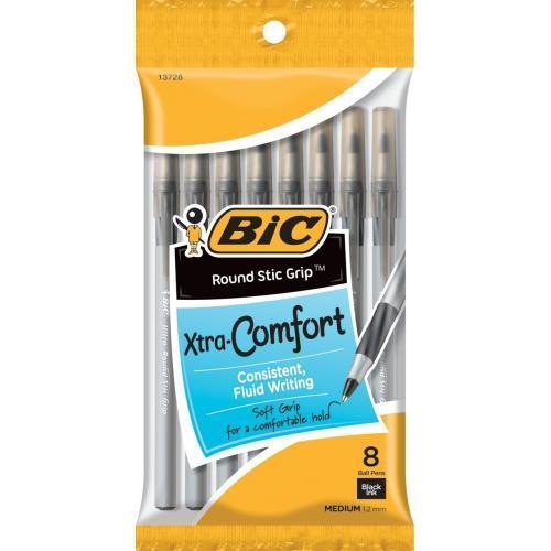 8 pack Black BIC Round Stic Grip Xtra Comfort Medium Point Ball Pen