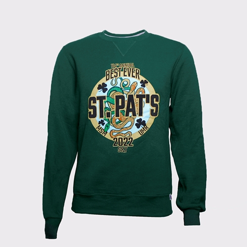 114th Annual St. Pats Day 2022 Green Sweatshirt Twin Snakes Graphic Full Chest